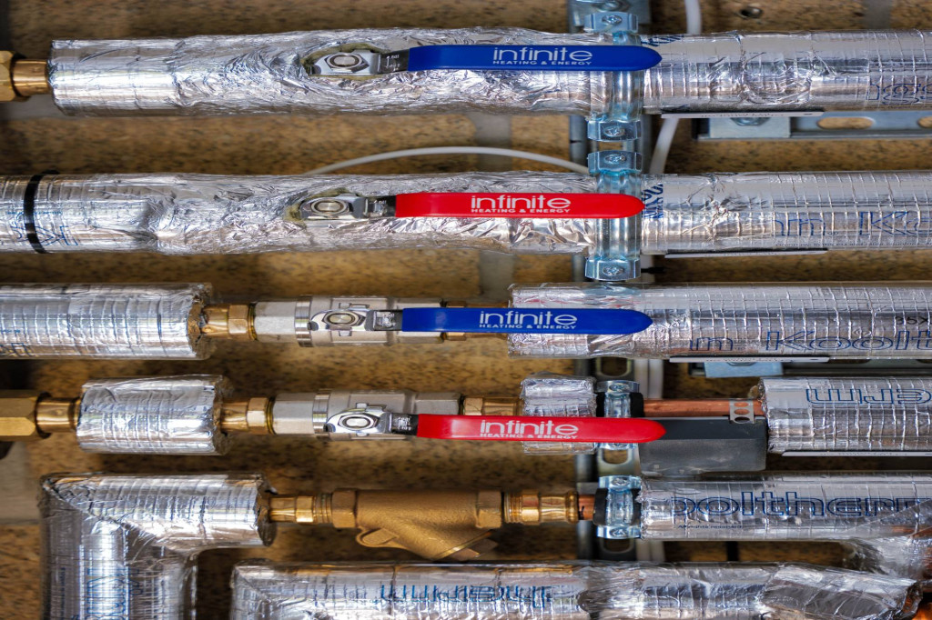 Insulated heat pump pipework with Infinite-branded valves in the Boxworth plant room