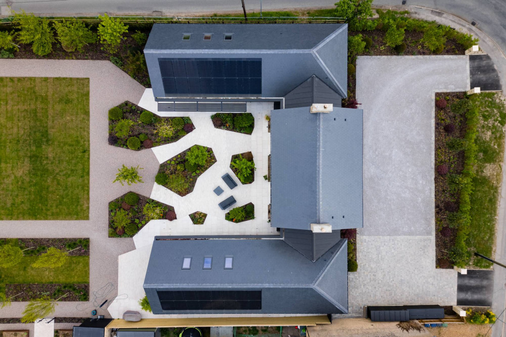 Overhead view of the Boxworth home and its in-roof solar array