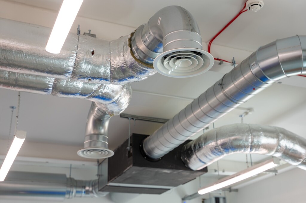 Ductwork and ceiling diffusers in a commercial ventilation installation