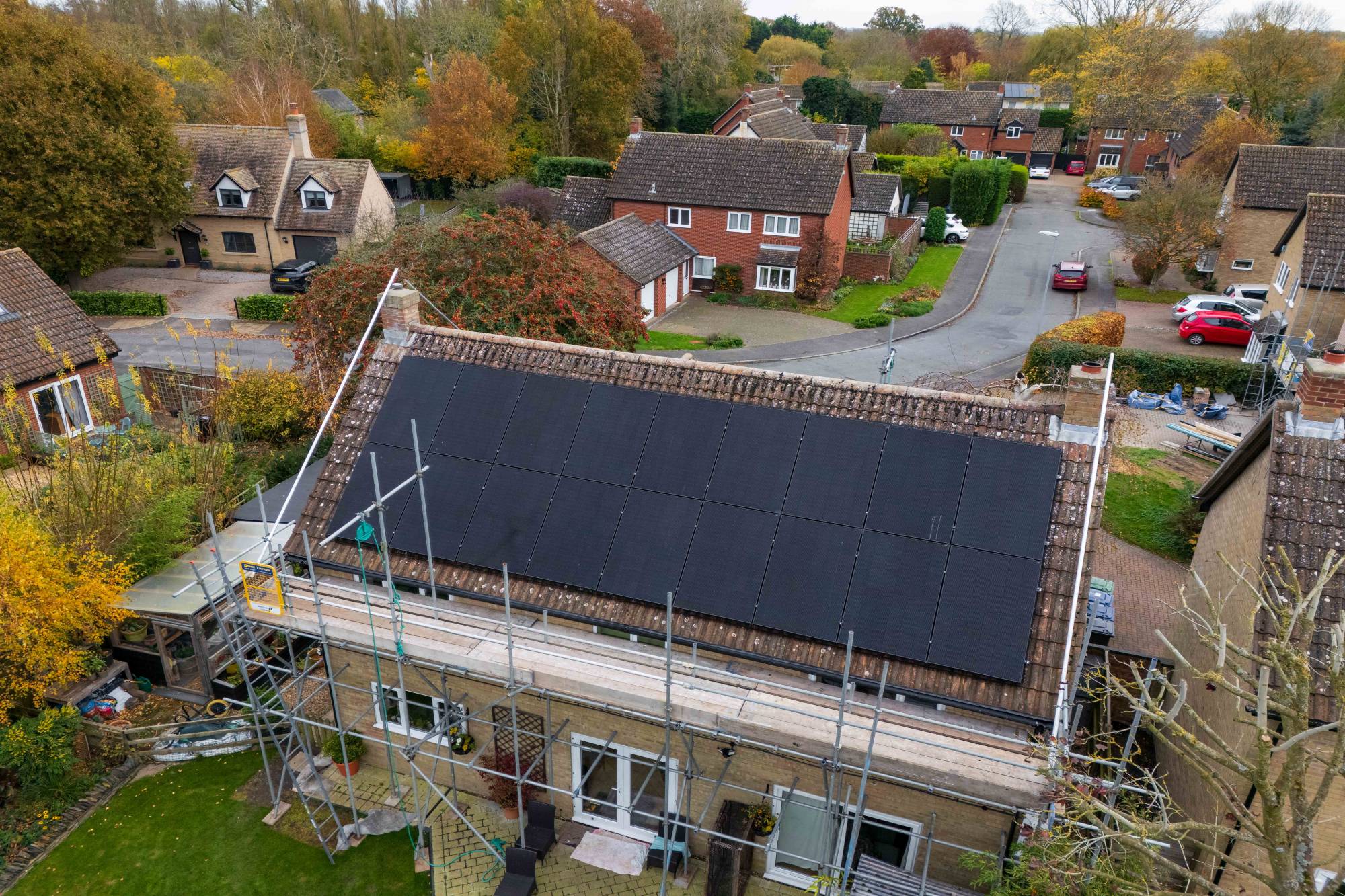 Aerial view of the 18 kW solar array on a home in Hilton, Cambridgeshire