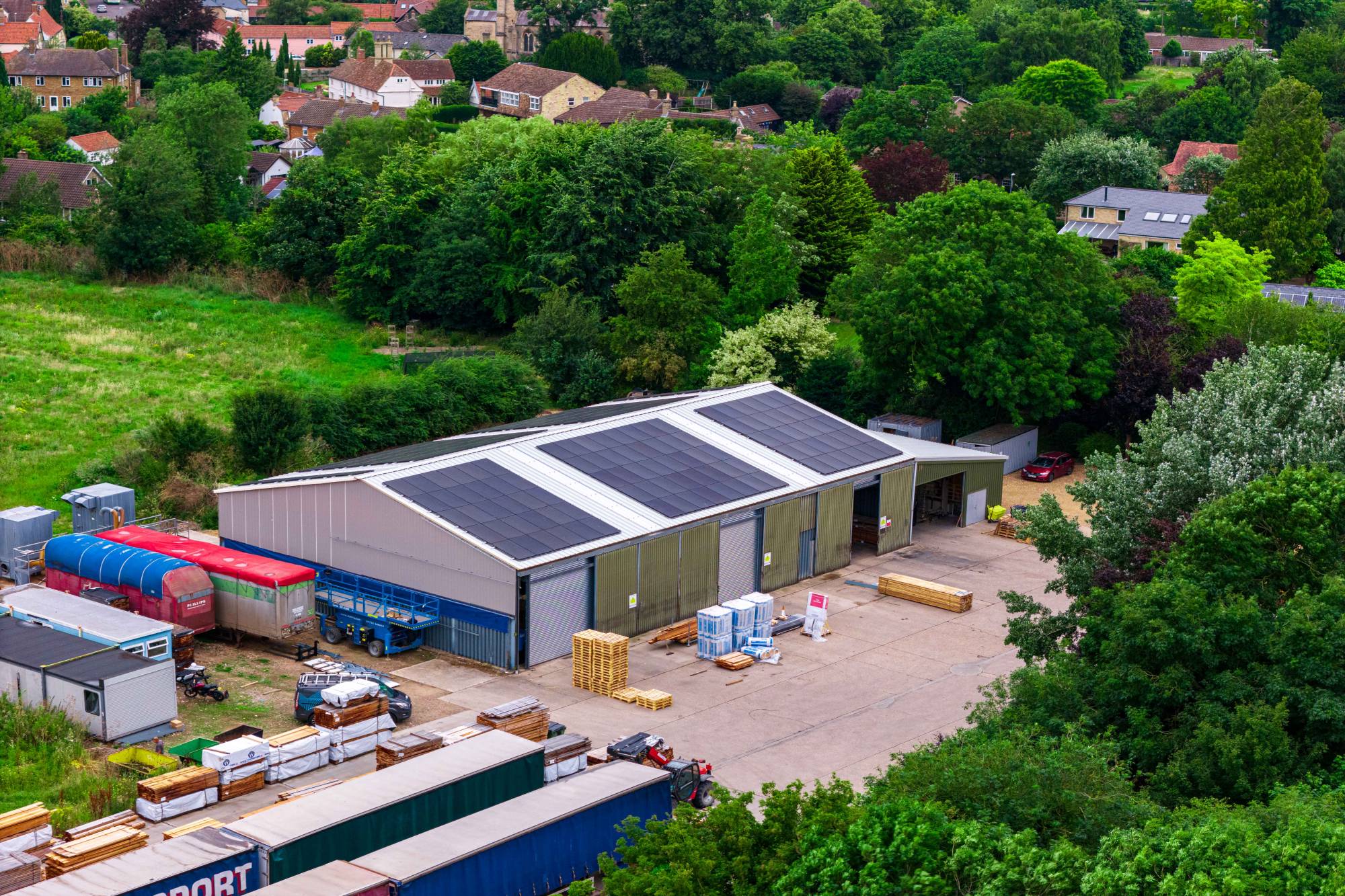 Aerial view of the 80 kW solar array on Millworks Timber's Cambridge site