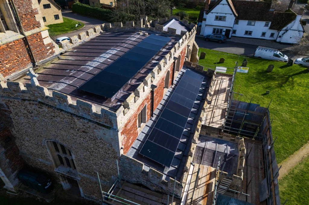 Solar panels installed on the lead roof of the Church of St Leonard, Southoe