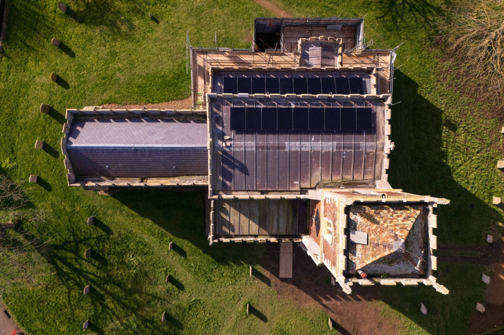 Overhead view of the solar array on the Church of St Leonard, Southoe