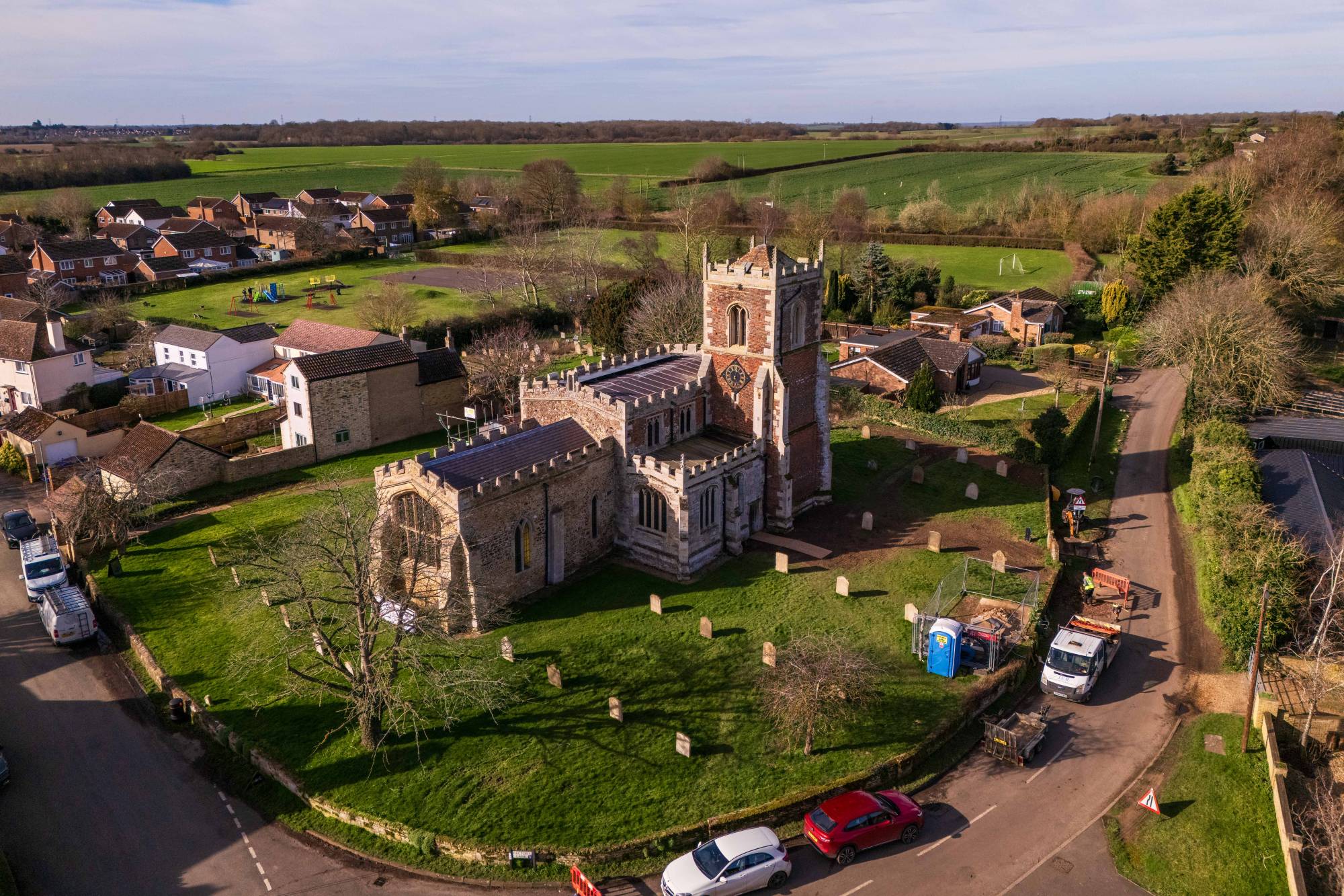 Aerial view of the Grade I listed Church of St Leonard in Southoe